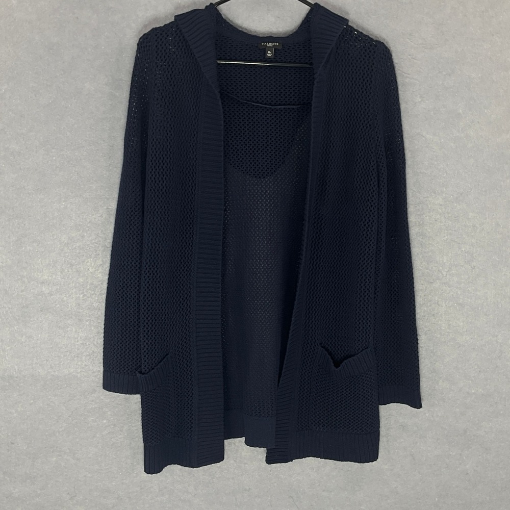 Talbots Cardigan Women Petite Sz M Navy Blue 100% Cotton Knit Hooded Open Front